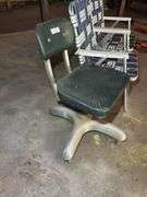 Lot of Two Aluminum Frame Webbed Lawn Chairs and Swivel Shop Stool