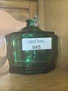 Assorted Glassware: Green Lidded Jar, Green Footed Bowl, and Small Glass Bowl