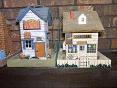Set of Four Handcrafted Wooden Birdfeeder Miniature Buildings