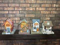 Set of Four Handcrafted Wooden Birdfeeder Miniature Buildings
