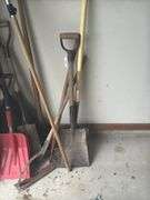 Assorted Shovels, Rakes, and Garden Tools