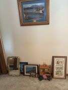 Assorted Framed Prints, Gold Mirror, and Wood Shelf