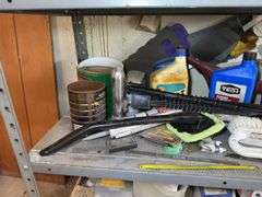 Shelf Lot with Fishing Lures, Automotive Supplies, and Household Items