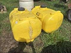Two 60 Gallon Yellow Ace Roto-Mold Sprayer Tanks and One Plastic Barrel