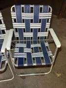 Lot of Two Aluminum Frame Webbed Lawn Chairs and Swivel Shop Stool