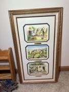 Assorted Framed Prints, Gold Mirror, and Wood Shelf