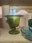 Assorted Glassware: Green Lidded Jar, Green Footed Bowl, and Small Glass Bowl