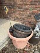 Garden Decor Lot: Flower Pots, Sun Face, and Metal Girl Statue