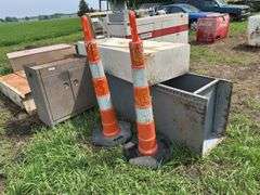 Assorted Metal Storage Boxes and Traffic Cones
