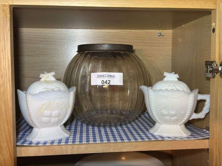 Clear Glass Ribbed Jar and White Glass Creamer/Sugar Set image