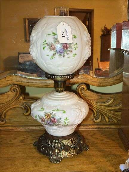 Floral Decorated Milk Glass Lamp with Brass Base image