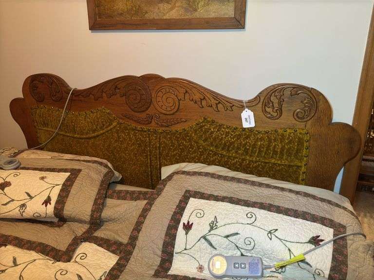 Upholstered Bed Frame with Carved Wood Detailing HEADBOARD ONLY image