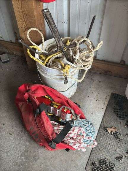 Bucket and Bag of Assorted Ropes, Fire Extinguisher, and Anchor image