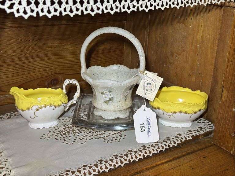 Fenton Romance Collection Basket, Creamer & Sugar Set, & Clear Glass Plate image