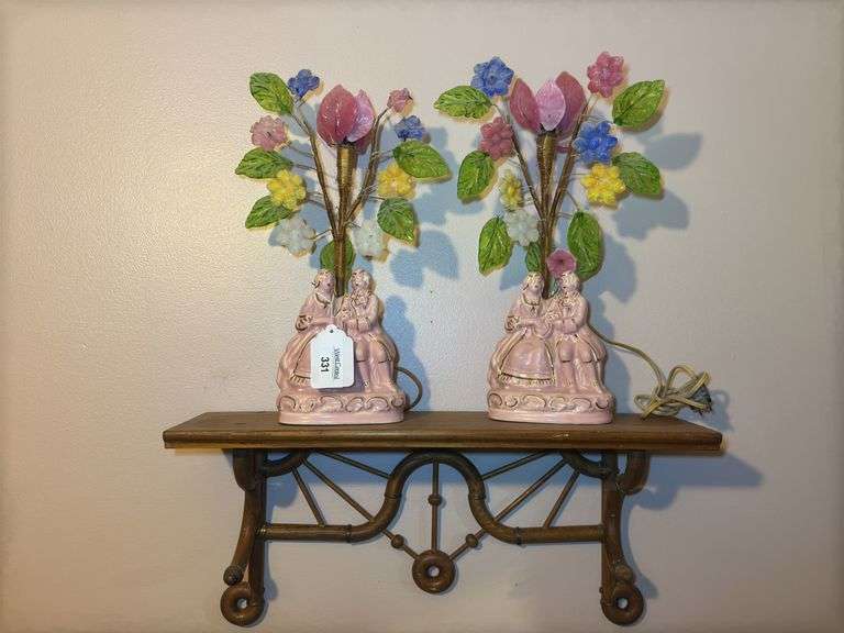 Pair of Pink Porcelain Lamps with Glass Floral Accents on shelf image