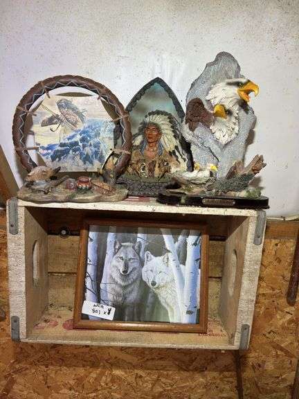 Native American Style Decor Lot: Statues & Wolf Print image