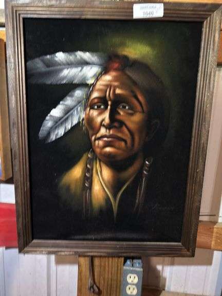 Framed Native American Portrait Painting on Black Velvet image