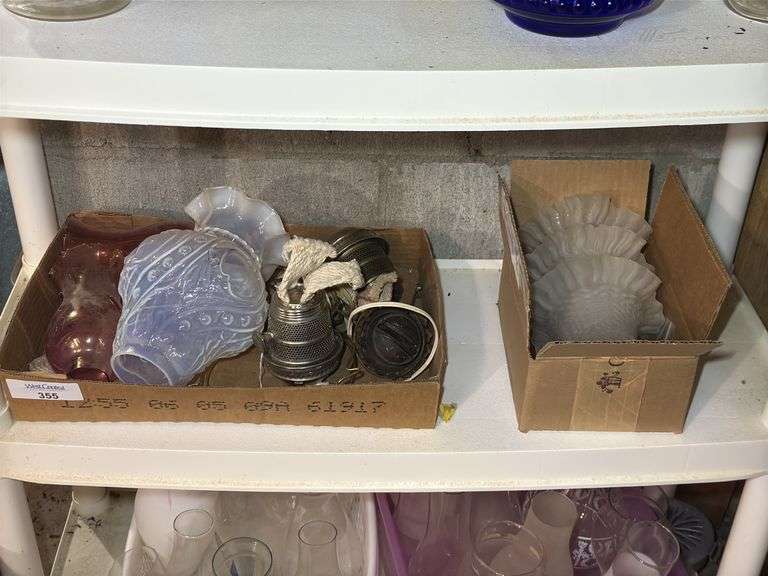 Assorted Glass Lamp Shades and Oil Lamp Burners image