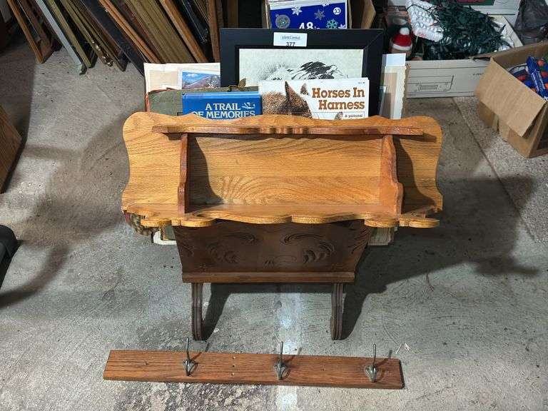 Magazine Rack with Misc. Books & Prints, Wooden Wall Shelf and Coat Hook image