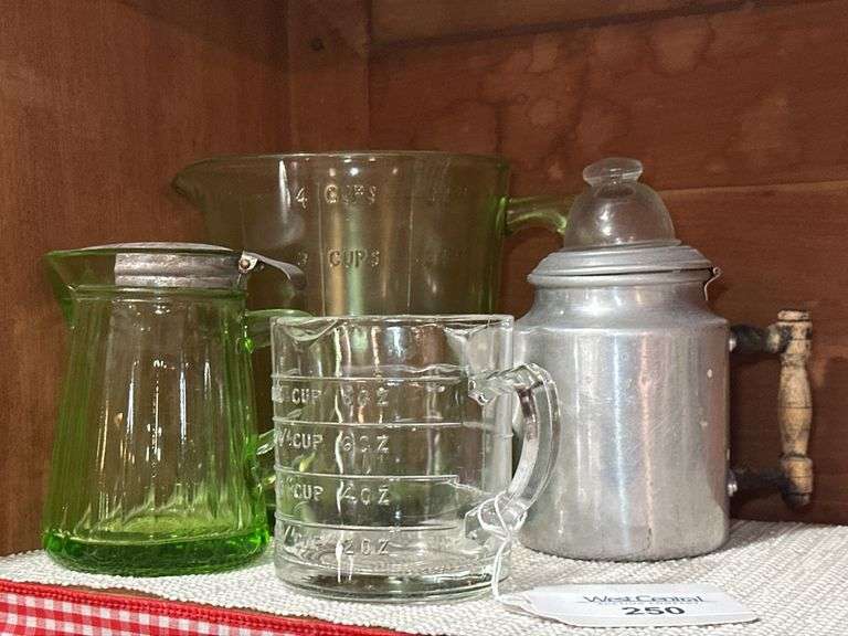 Kitchenware: Uranium Glass Pitcher, Measuring Cups, and Winkie Germany Coffee Pot image