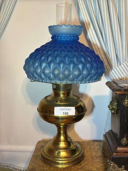 Brass Table Lamp with Blue Quilted Glass Shade image