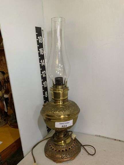 Brass Tone Electric Lamp with Glass Chimney image