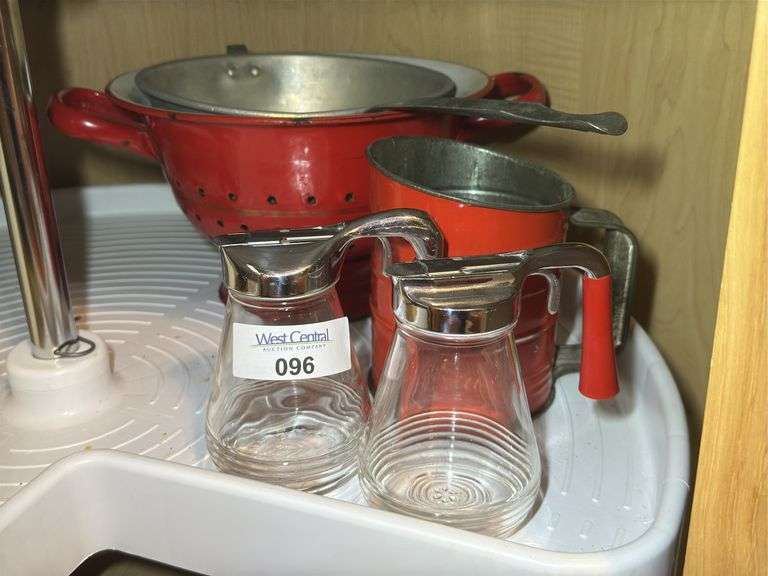 Kitchen Lot - Red Enamel Colander, Bromwell's Flour Sifter, Androck Syrup Dispensers image