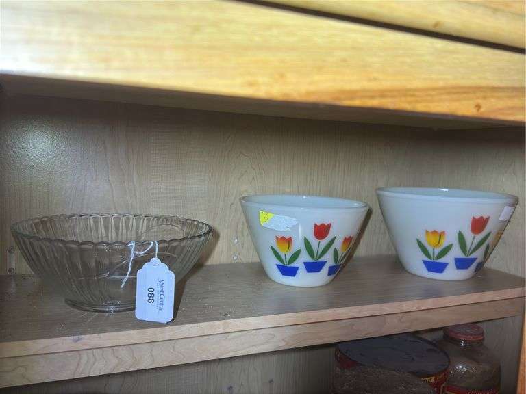 Fire-King Mixing Bowls and Clear Glass Bowl image