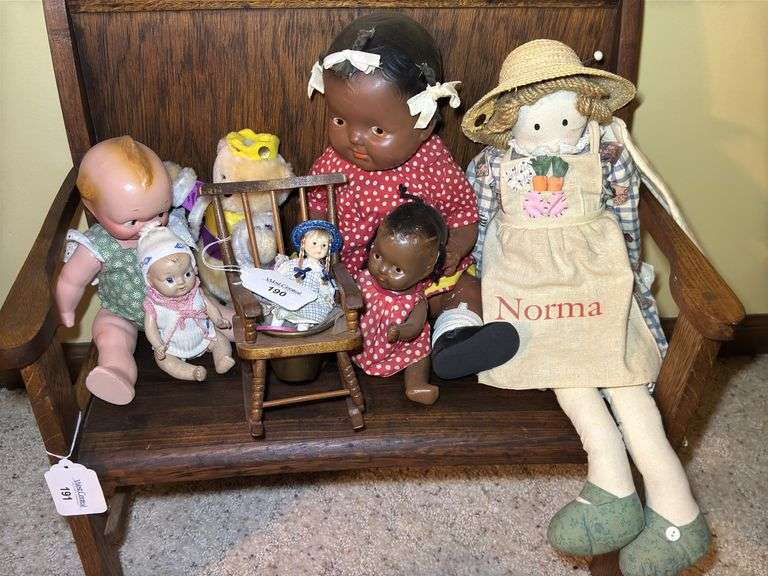 Collection of Dolls and Miniature Chair DOLLS ONLY BENCH NOT INCLUDED image