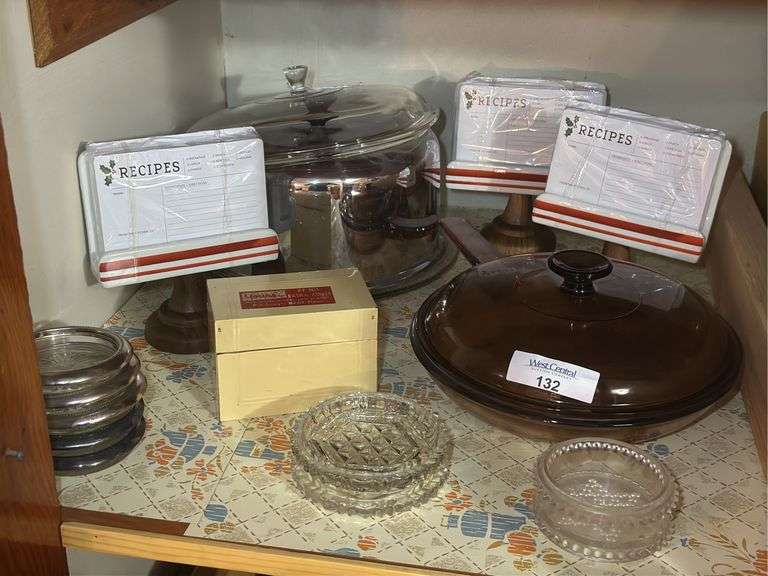 Kitchen Lot: Amber Glass Pan with Lid, Glass Bowl, Coasters, Recipe Cards, Flour Container image