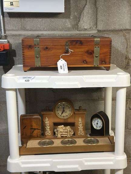 Assorted Home Decor Items Including Chest, Clocks, Barometer image
