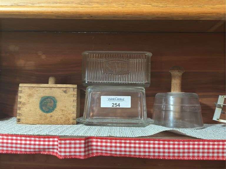 Wooden Butter Mold, Glass Salt Box, Glass Butter mold, & more image