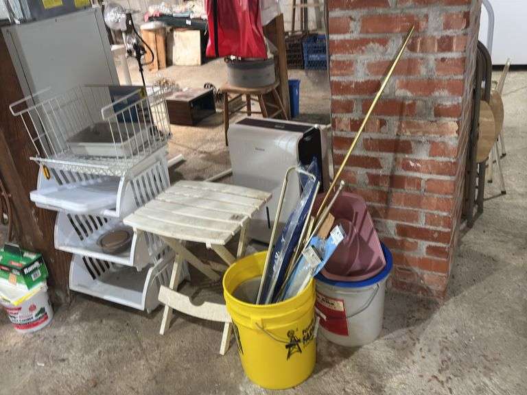 Tiered Storage Shelf, Folding Table, Buckets, and More image