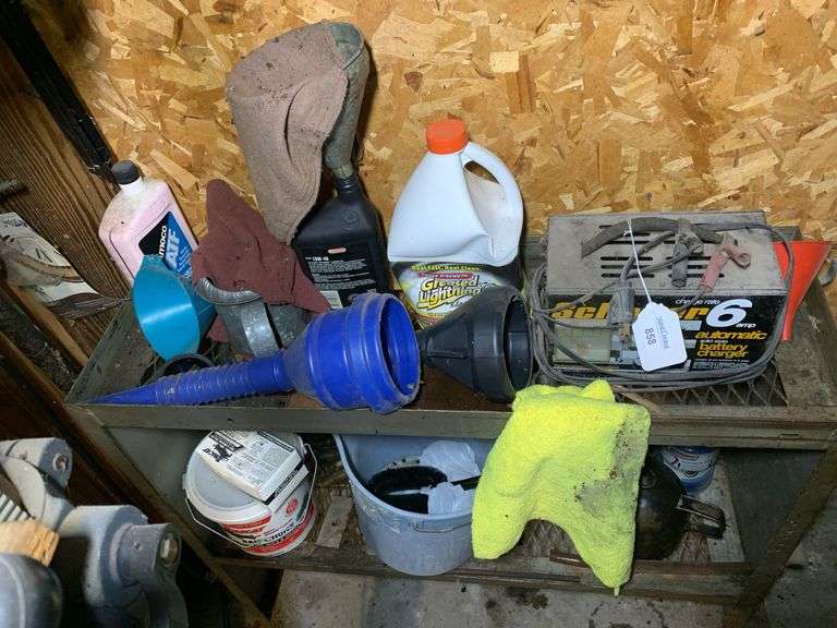 Garage Tools & Auto Supplies Including Battery Charger, Funnels, and More image