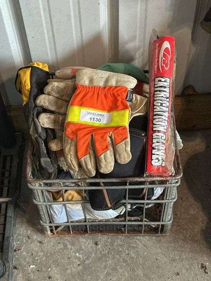 Assorted Work Gloves and Gear in Wire Basket image