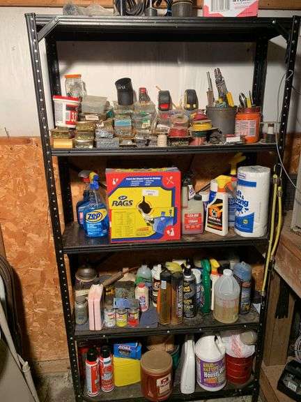 Contents of Shelving Unit with Tools, Cleaners, and Supplies image