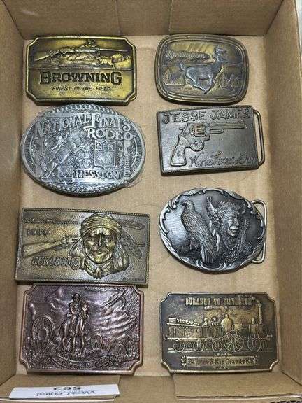 Collection of 8 Belt Buckles: Browning, Remington, Rodeo, Jesse James, and More image