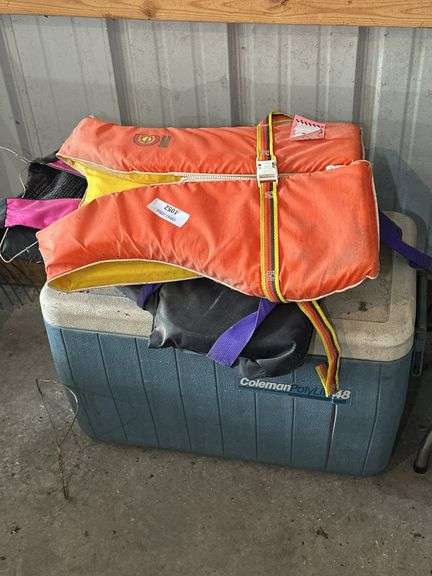 Coleman Cooler with Life Jackets and Fishing Equipment image