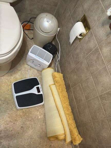 Bathroom Accessories: Umbra Trash Can, Healthometer Scale, Lifesmart Heater, Holmes Air Purifier, and Rug image