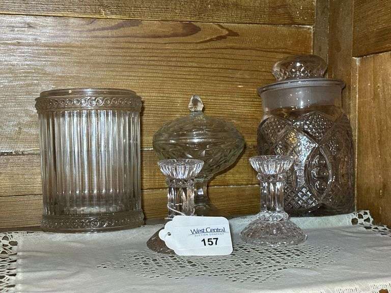 Glassware: Candlesticks, Candy Dish, and Covered Jar image