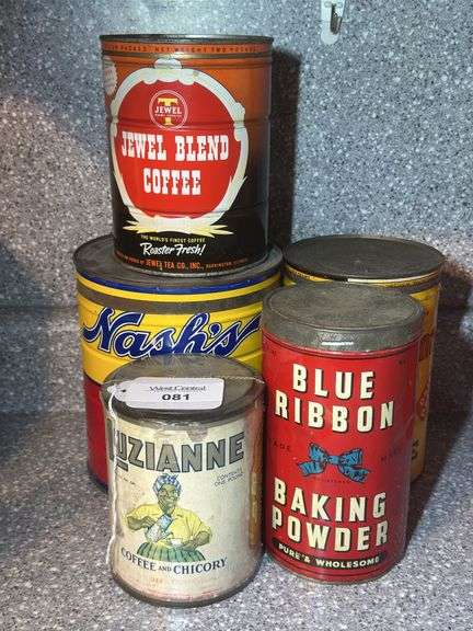 Collection of Coffee and Baking Powder Advertising Tins: Jewel Blend, Nash's, Luzianne, Home Brand, Blue Ribbon image