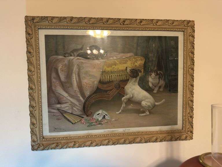 Framed "Trouble Brewing" Print by J. Dolph and Sconces image