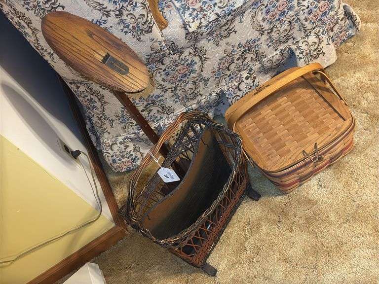 Wooden Magazine Rack, Longaberger American Pie Basket and Oak Shaving Stand image