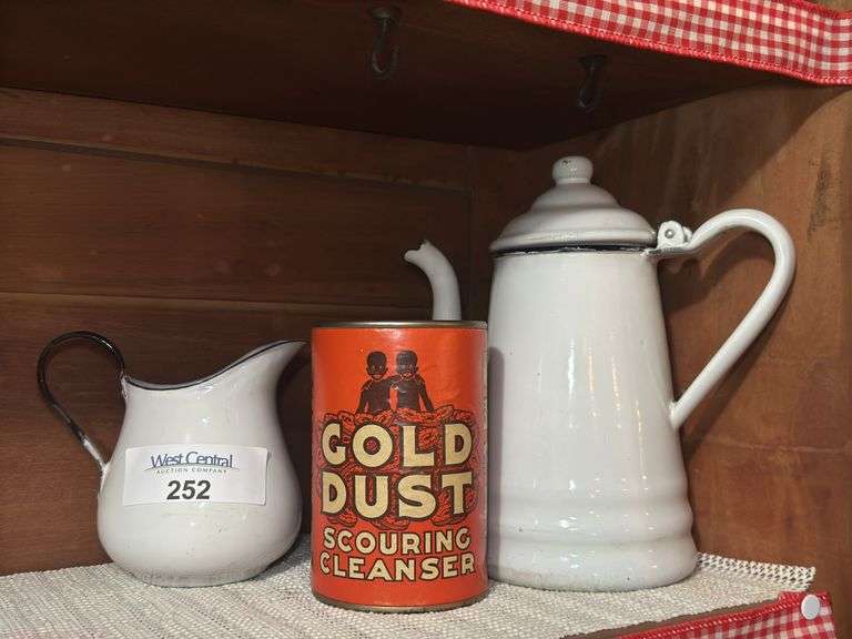 Enamelware Pitcher, Coffee Pot & Gold Dust Scouring Cleanser Can image