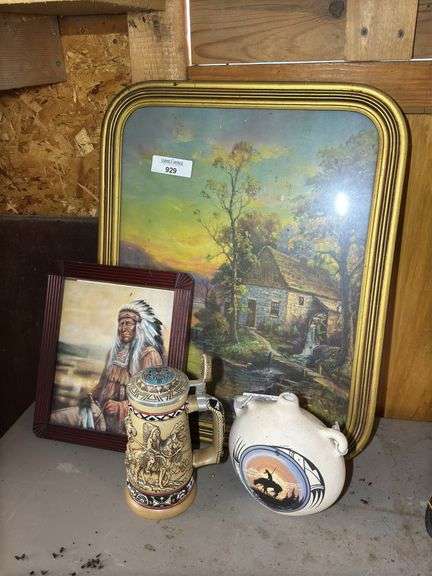 Native American Themed Framed Art Print, Stein, and Pottery Canteen image