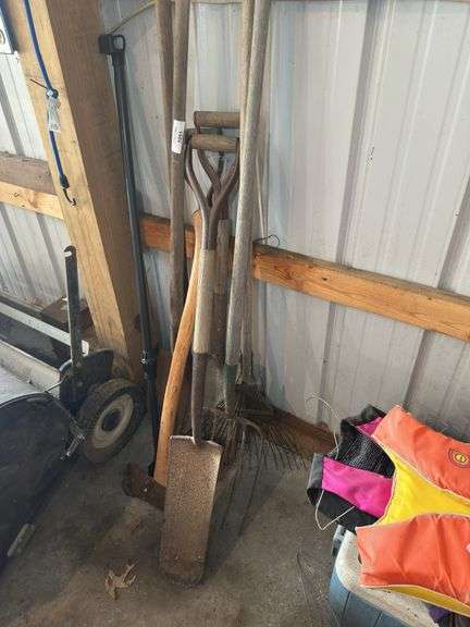 Mixed Lot of Garden Tools - Shovel, Rake, Axe, Pitchfork image
