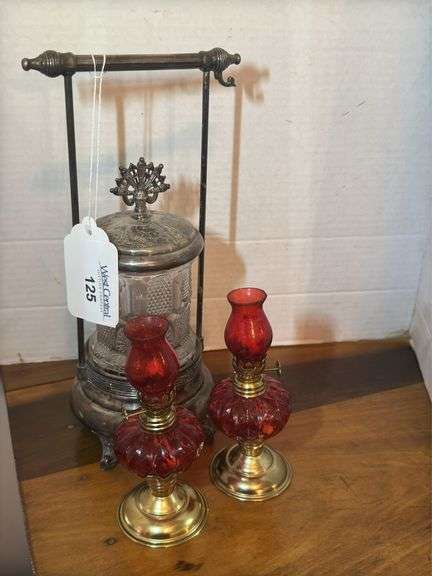Two Miniature Red Glass Oil Lamps with Silverplated pickle castor image