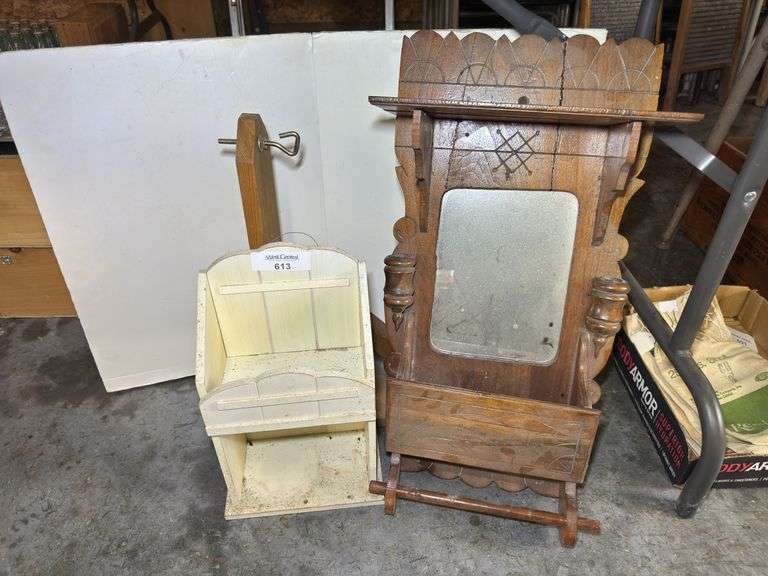 Wooden Wall Shelf with Mirror & Painted Storage Caddy image