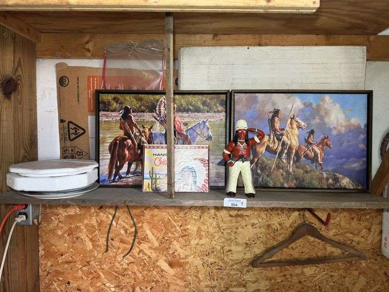 Native American Themed Lot: Paintings, Handkerchief Box & Cast Iron Bank Figurine image