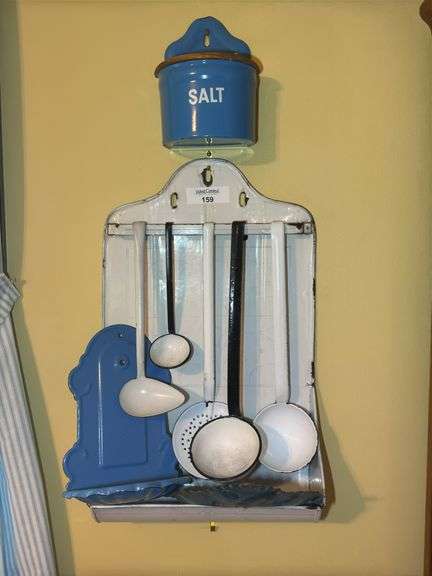 Enamel Kitchen Utensil Rack, Salt Box, and Flour Dust Pan Set image